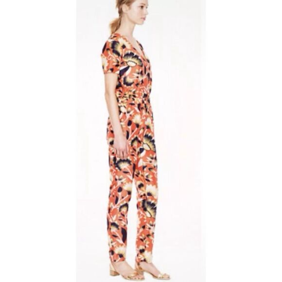 J .Crew Collection Silk Jumpsuit Hibiscus Floral Short Sleeve 4  V-Neck Pockets - Picture 2 of 5
